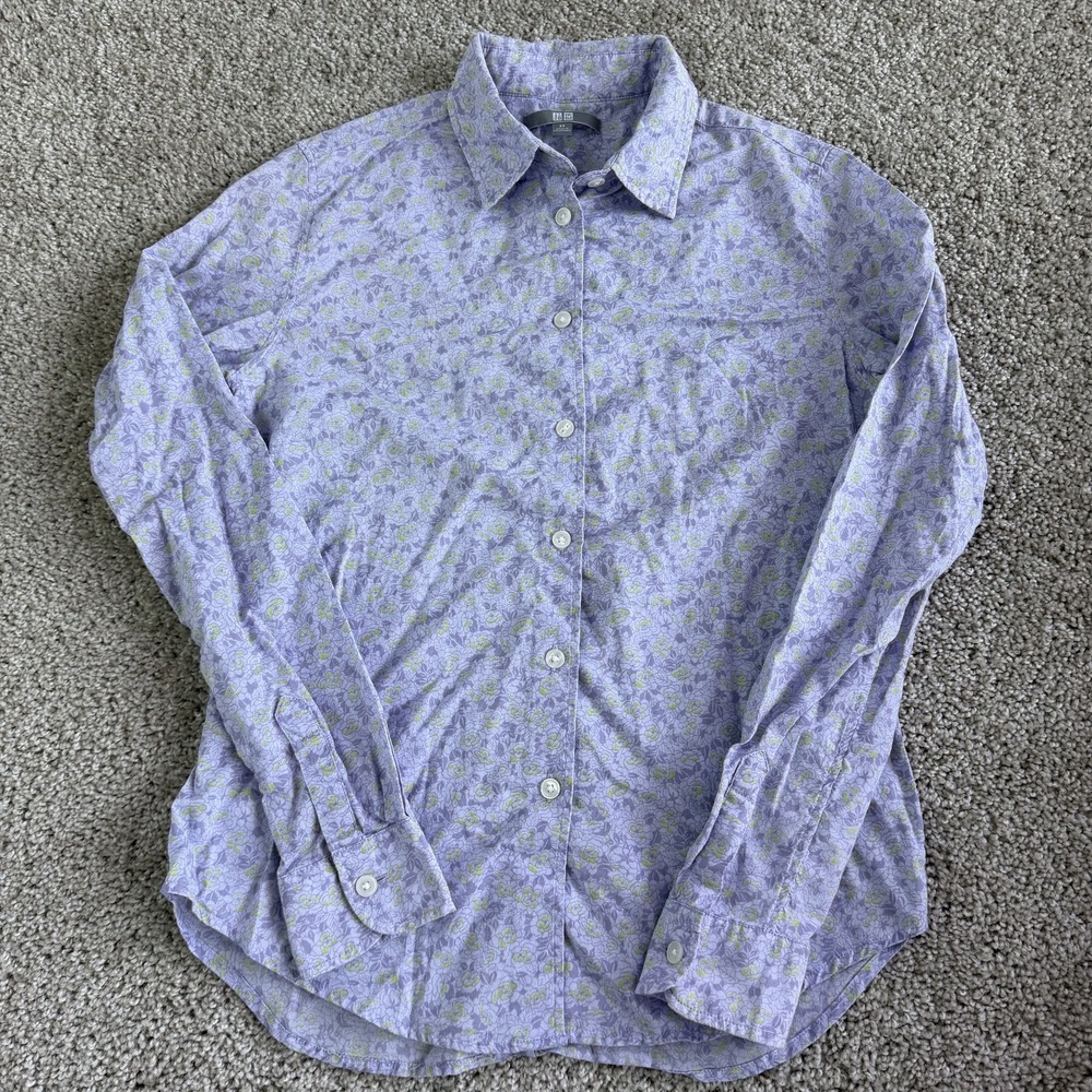 Uniqlo Shirt Womens XS Purple Floral Button Up Long Sleeve Cotton Top Casual